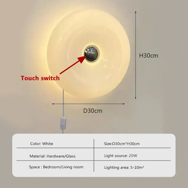 Glass Donut Wall Lamp dimensions and touch switch design for easy lighting control.