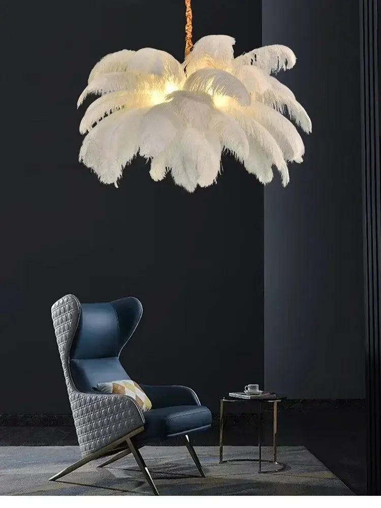 Nordic Feather Pendant Light – Art-Inspired Modern Ceiling Chandelier illuminating a stylish living room.
