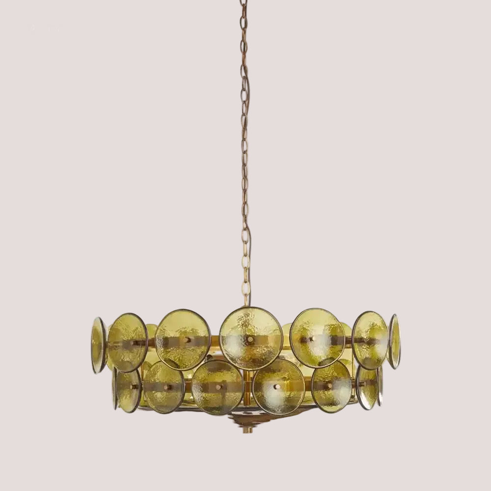 Luxurious Glass Disc Chandelier – 50s Chic with amber glass discs and iron construction, perfect for dining rooms and statement-making spaces.