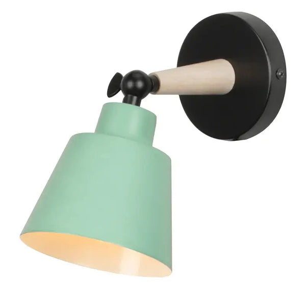 Nordic Solid Wood Bedroom Wall Lamp in modern design with mint green shade and black mount for stylish illumination.