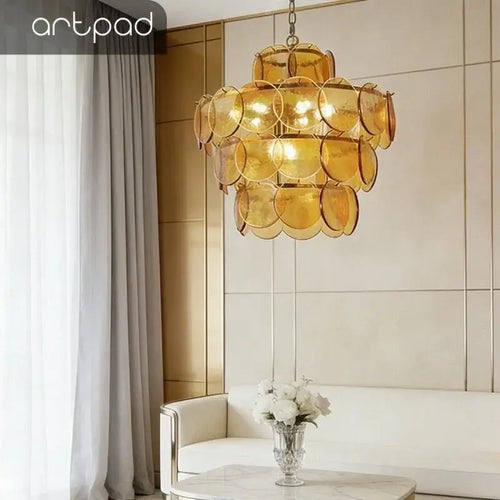 Tiered Glass Disc Chandelier in Nickel Finish
