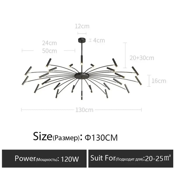 Modern Starburst LED Chandelier – 24-Light Sculptural Ceiling Statement dimensions and specifications diagram.