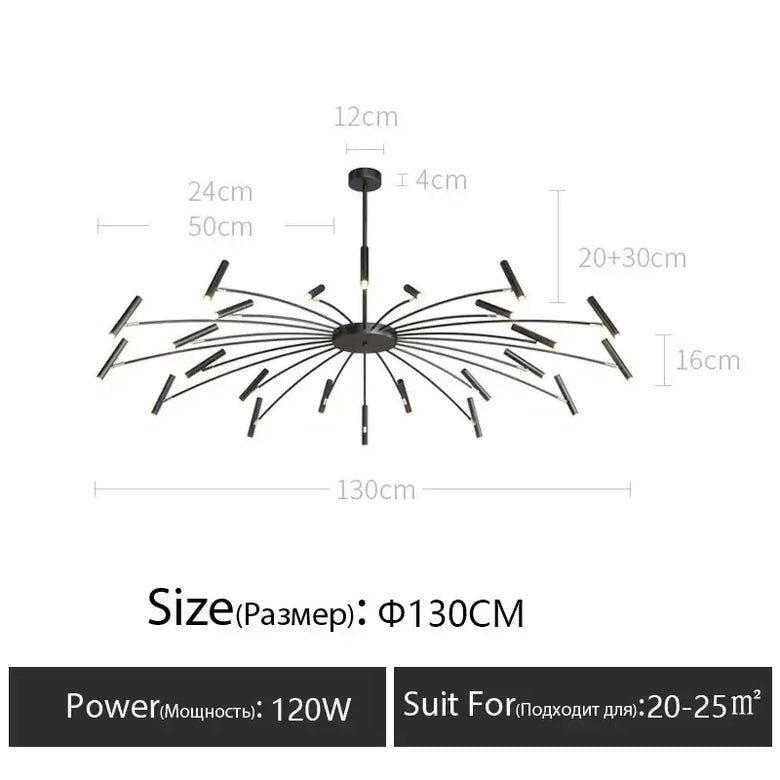 Modern Starburst LED Chandelier – 24-Light Sculptural Ceiling Statement dimensions and specifications, 130CM size, 120W power.