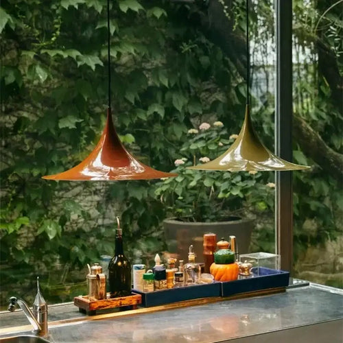 Scandi 70s Danish Pendant Lamp – Minimalist Metal LED Chandelier for Dining & Living Spaces in bold colors.