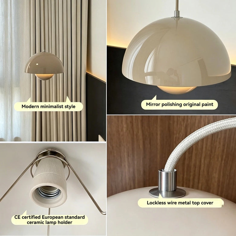 A 4-panel product feature collage for a modern dome pendant lamp. The top-left panel shows the lamp hanging in a minimalist interior next to curtains, labeled 'Modern minimalist style'.