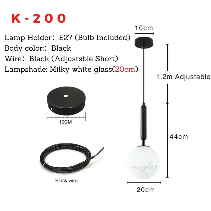 Mid-Century Modern Glass Ball Pendant Light with adjustable black wire and milky white glass shade.