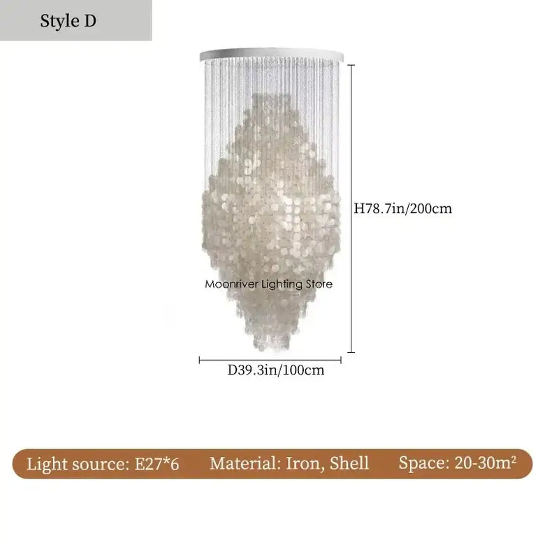 70s Retro Shell Multi-String Light Pendant with iron and shell material, dimensions H78.7in, D39.3in, for versatile lighting.