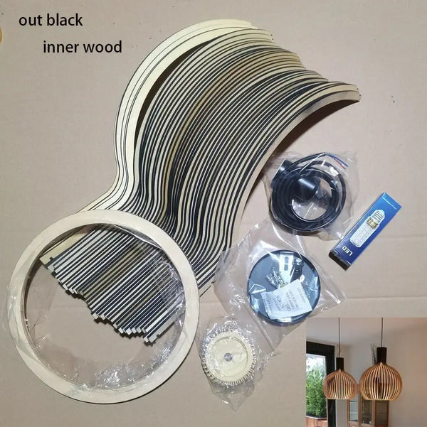 Nordic Retro Modern Wood Cage Pendant components and assembly parts including wood strips and wiring.