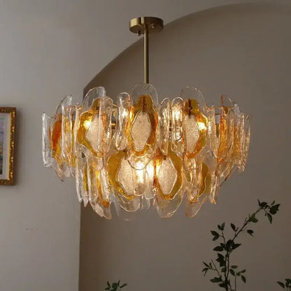 Vintage Amber Glass Chandelier – Russet Stained Glass Ceiling Light with amber and clear panels for warm lighting in living spaces.