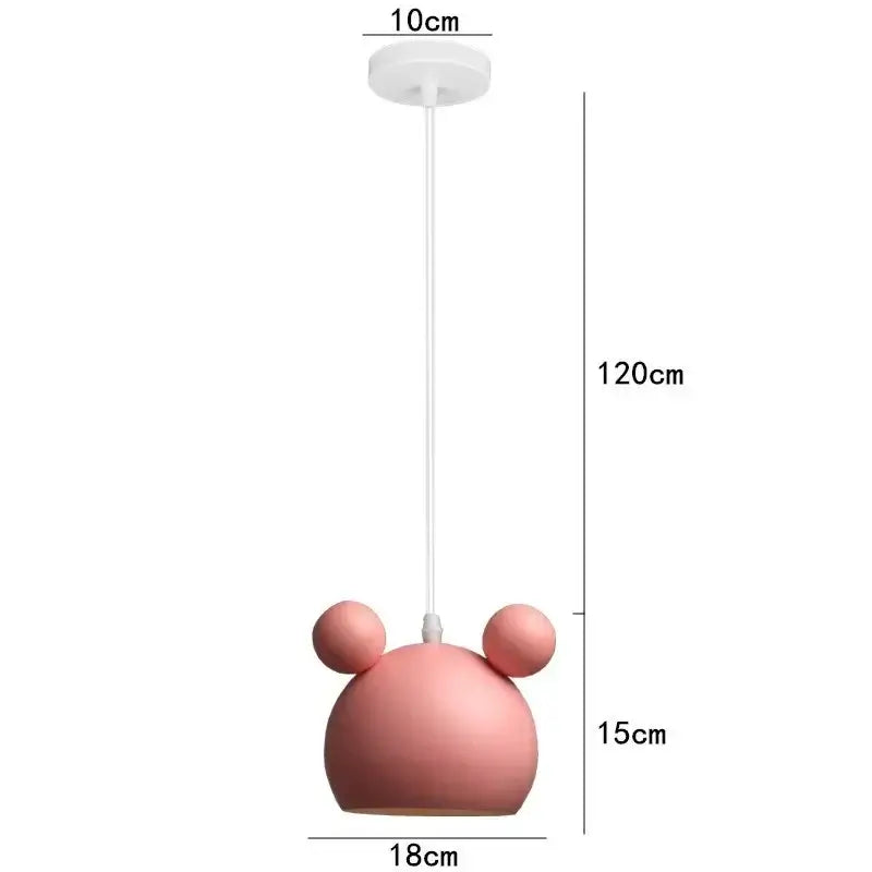 Cartoon Mouse Pendant Lampshade for Children’s Rooms showcasing its cheerful pink design and dimensions.