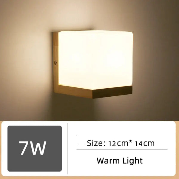 Wood and Frosted Glass Japanese Minimalist Sconces with warm light, size 12cm x 14cm, elegant minimalist design.