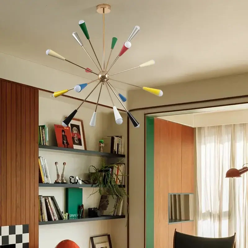 The Ultimate MCM Statement Light – Atomic Sputnik Chandelier in a stylish indoor setting with colorful design.