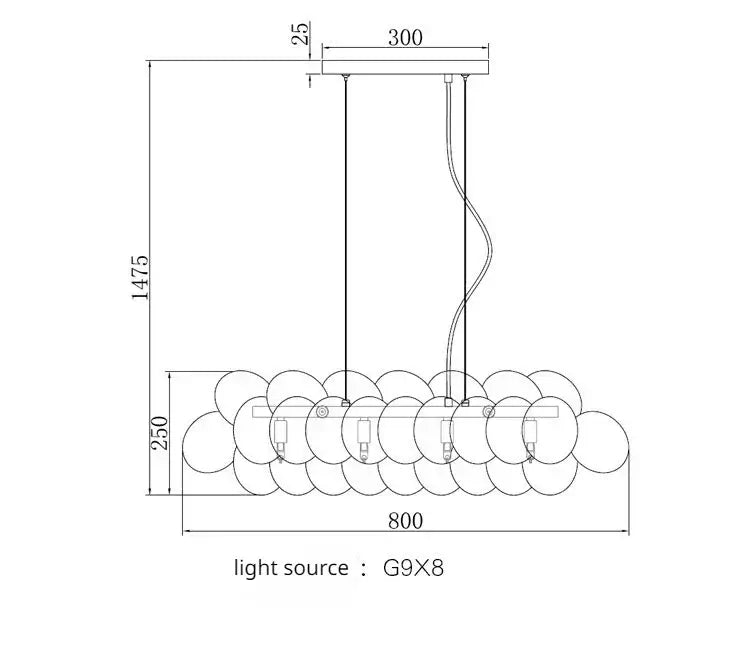 Nordic Smoke Glass Bubble Chandelier – Modern Grape Cluster Pendant Light dimensions and specifications.