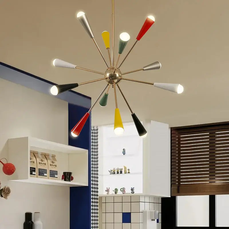 The Ultimate MCM Statement Light – Atomic Sputnik Chandelier illuminating a modern kitchen with colorful design.