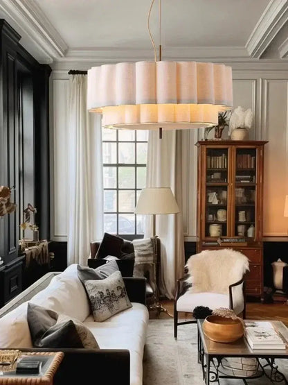 Wabi-Sabi Fabric Pendant Light – D45cm to D65cm hanging in an elegant living room with modern decor and a cozy atmosphere.