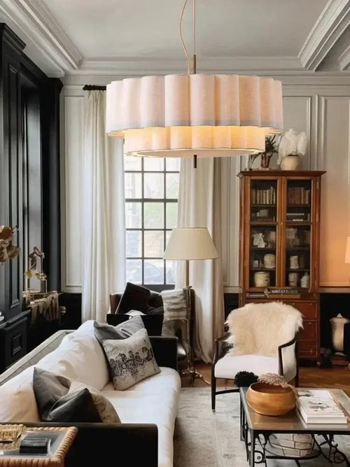 Wabi-Sabi Fabric Pendant Light – D45cm to D65cm hanging in a stylish living room, showcasing soft pleated fabric shade.