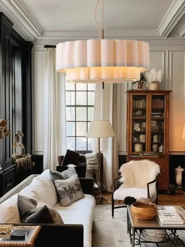 Wabi-Sabi Fabric Pendant Light – D45cm to D65cm hanging in a stylish living room, showcasing soft pleated fabric shade.