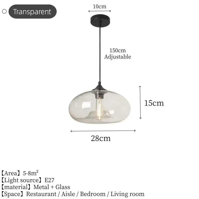 Clear glass dome pendant light with dimensions, 28cm wide and 15cm high