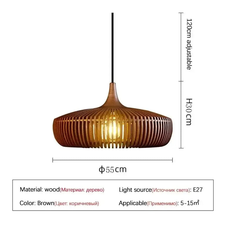 Vintage Wooden Pendant Light – Handcrafted Nordic Birdcage Lamp with brown wood and adjustable height.