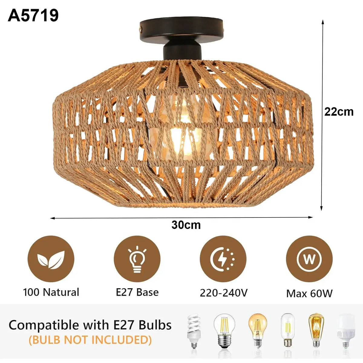 Hand-Woven Rattan Ceiling Light with Metal Base