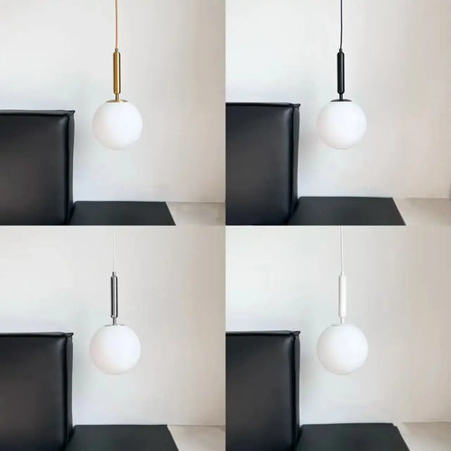 Modern Gold Glass Ball Pendant in four color variations showcasing gold, black, silver, and white finishes.
