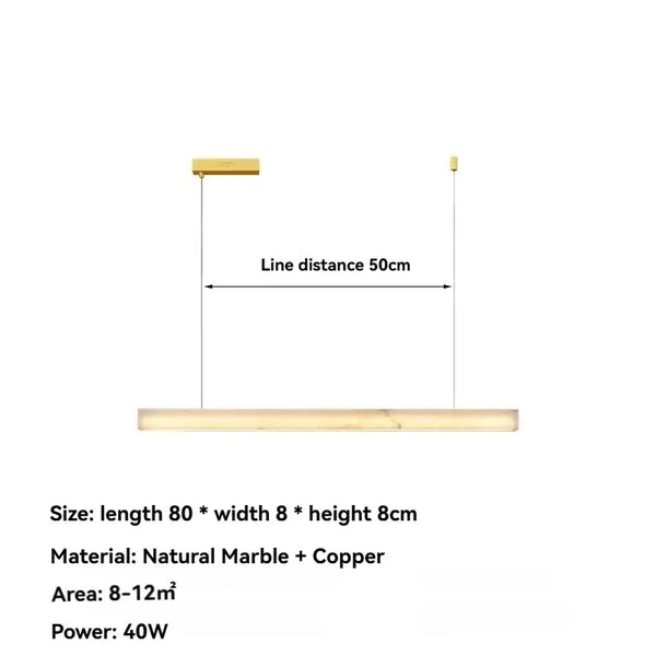 Natural Marble Linear Pendant Light 80–120cm dimensions with polished copper details and minimalist design.