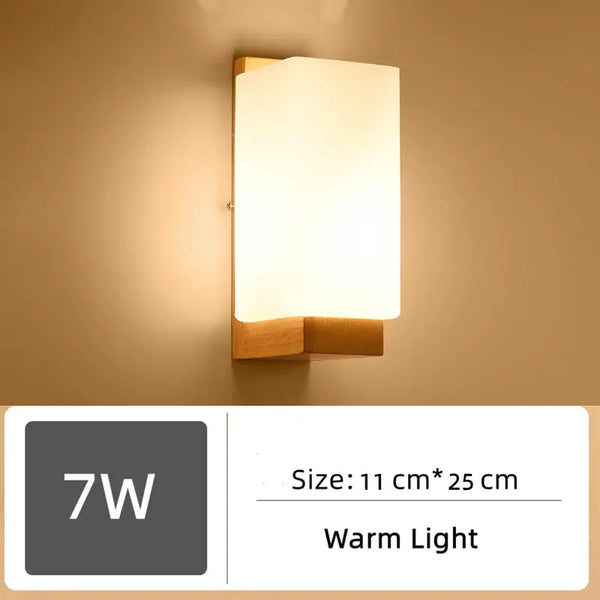 Wood and Frosted Glass Japanese Minimalist Sconces with warm light and size dimensions 11 cm x 25 cm.