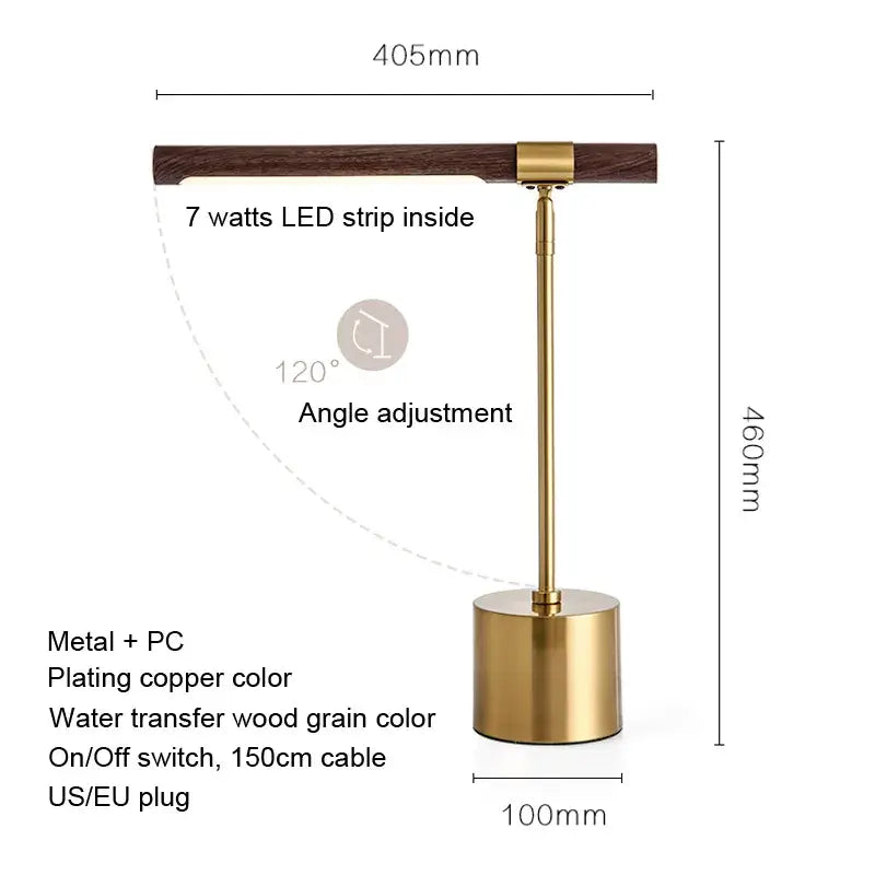 Modern Minimalist LED Table Lamp – Foldable Wood Grain Desk Light with Brass Base