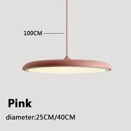 Pink pendant light with dimensions on a white background