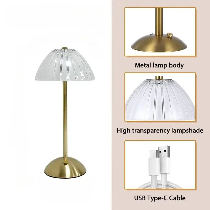 Retro Fluted Cordless Table Lamp – Rechargeable, Gold