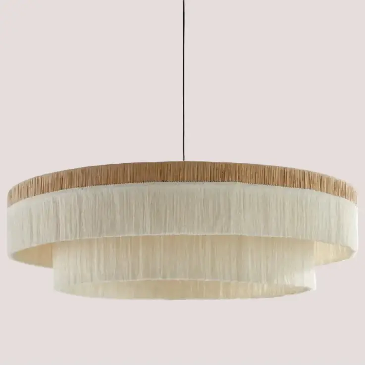 French Retro Grand Fringe Pendant Light – 80cm Vintage Beige Statement Chandelier with layered fringe design and soft glow.