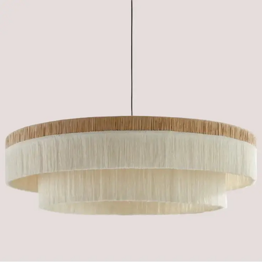French Retro Grand Fringe Pendant Light – 80cm Vintage Beige Statement Chandelier with layered fringe design and soft glow.
