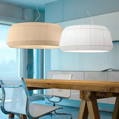 Nordic Pleated Fabric Pendant Light – Soft Minimalist Ceiling Lamp in white and beige shades, stylish dining area.