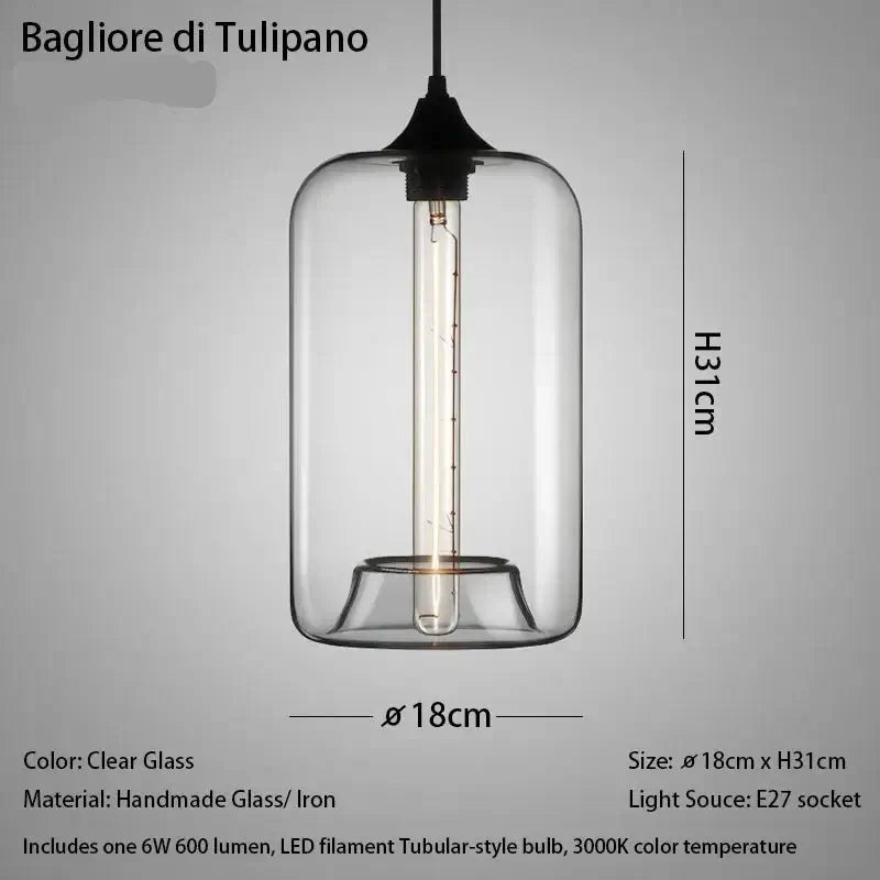 Clear glass pendant light with dimensions and specifications on a gray background