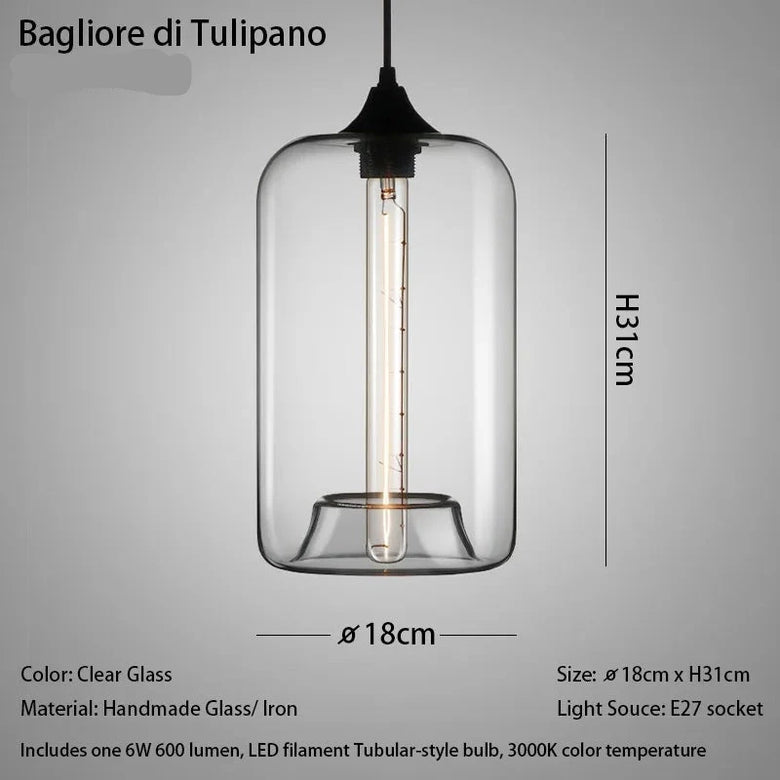 Clear glass pendant light with dimensions and specifications on a gray background