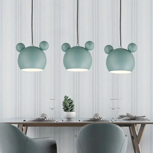 Cartoon Mouse Lamp Shade trio in a modern Nordic dining setting, featuring playful macaron colors and iron construction.