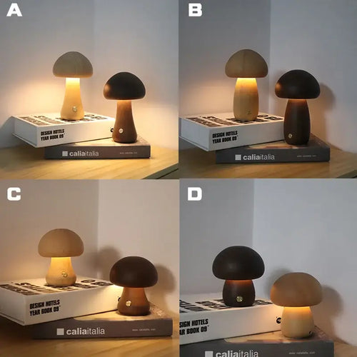 Portable Dimmable 60s Italy Designer Mushroom Table Lamp displayed in various colors on a design book.