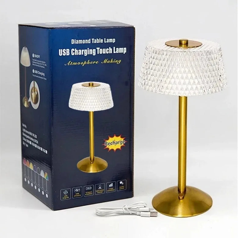 Art Deco Faceted Cordless Table Lamp – Rechargeable, Gold