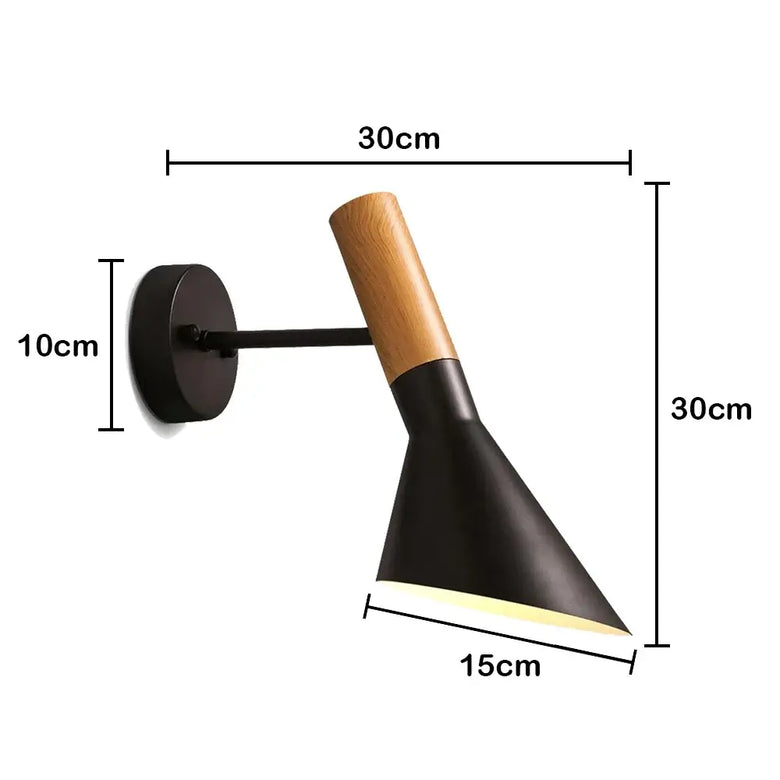 Collection of Modern Nordic Wooden Wall Lights featuring a sleek design with oak and iron materials, measurements provided.
