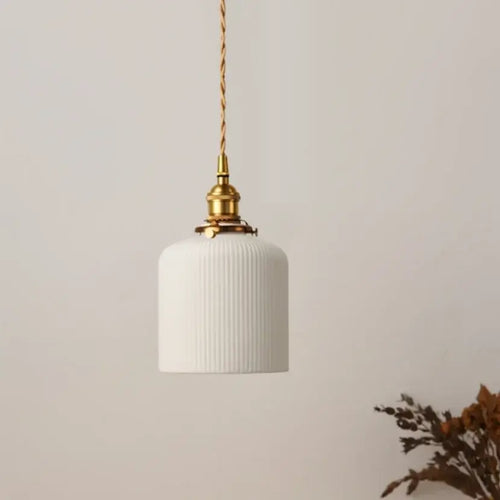 White Ceramic Lamp Shade with Brass Base – Timeless Elegance hanging light fixture.