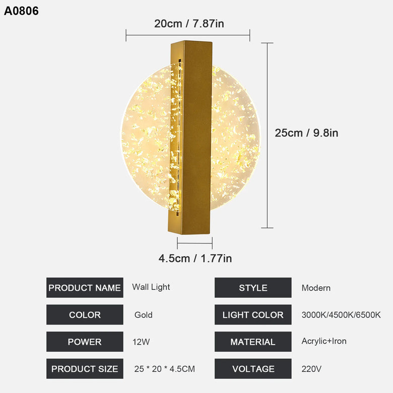 A dimension diagram of a modern wall light fixture labeled A0806, showing a gold vertical rectangular lamp with a glowing circular light panel behind it. The image includes product measurements (20cm width, 25cm height, 4.