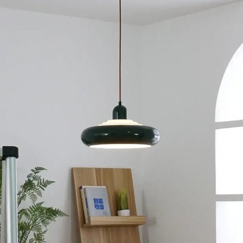 Cream Enamel Vintage Pendant Light with Chrome Detail