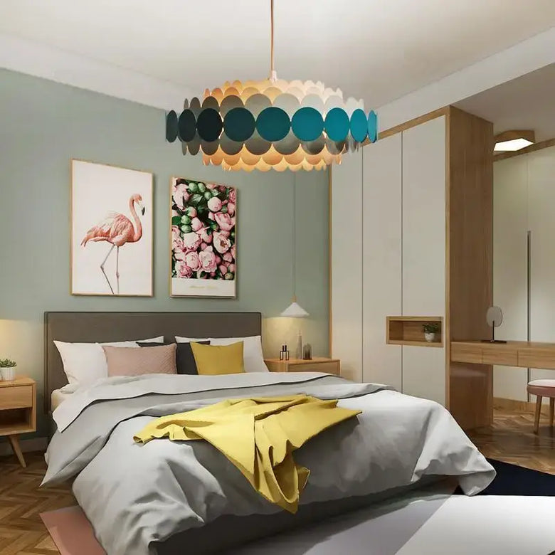 Vintage Mid-century modern Iconic Chandelier illuminating a stylish bedroom with modern decor.