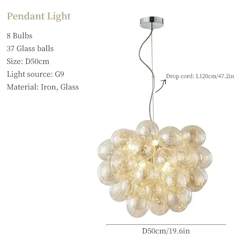 Nordic Smoke Glass Bubble Chandelier – Modern Grape Cluster Pendant Light with 37 glass balls and G9 light source.