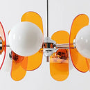Rare Mid-Century Orange Plexiglass Chandelier: A Unique Vintage Gem with orange reflectors and white frosted glass.