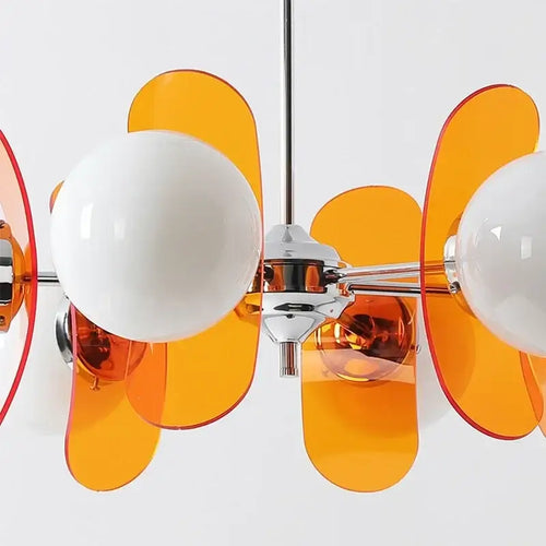 Rare Mid-Century Orange Plexiglass Chandelier: A Unique Vintage Gem with orange reflectors and white frosted glass.