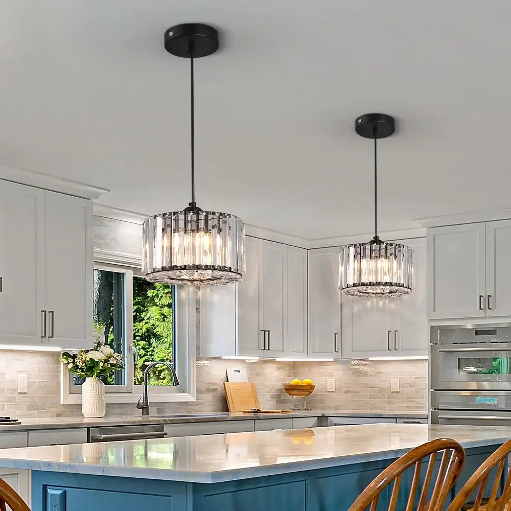 Modern Crystal Drum Pendant or Ceiling Light, Black or Gold Frame