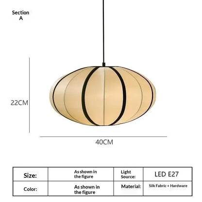 Zen Silk Pendant Light Mid Century Fabric Lantern dimensions and details showing a sculptural silk fabric design.