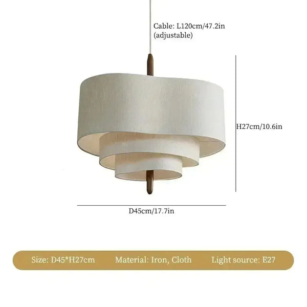 Elegant Linen Fabric Chandelier showing dimensions and material details for stylish lighting options.