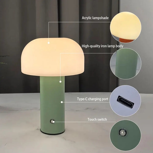 Rechargeable LED Mushroom Table Lamp – Touch Dimmable, Nordic Minimalist Design with acrylic lampshade and Type-C port.
